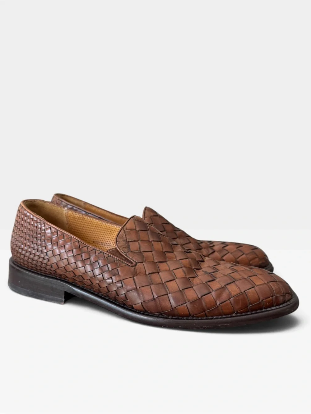 Mezlan 9.5M Brown Woven Leather Loafers Italian Vero Cuoio Vintage